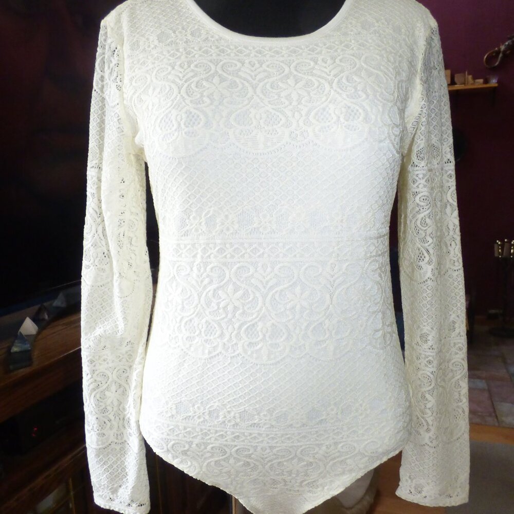 GOTH VAMPIRE WICCA EYESHADOW IVORY LACE LONG SLEEVE BODYSUIT 2 SNAP BUTTON XL